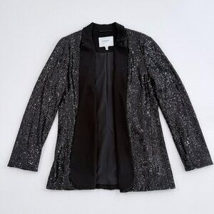 LK Bennett London Black Sequin Open Front Jacket with Satin Collar